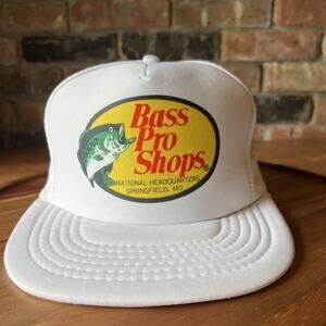 80's Vintage Bass Pro Shops Fishing Hunting Trucker Hat Snapback Cap White